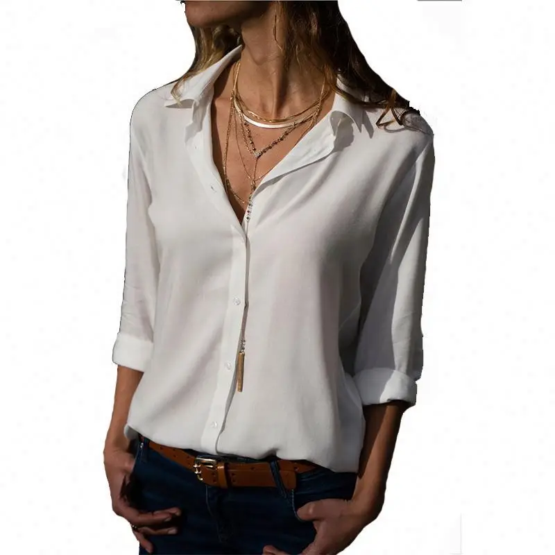 

Spring And Summer Long Sleeve Ladies Deep V Button Chiffon Women Dress Open Shirt