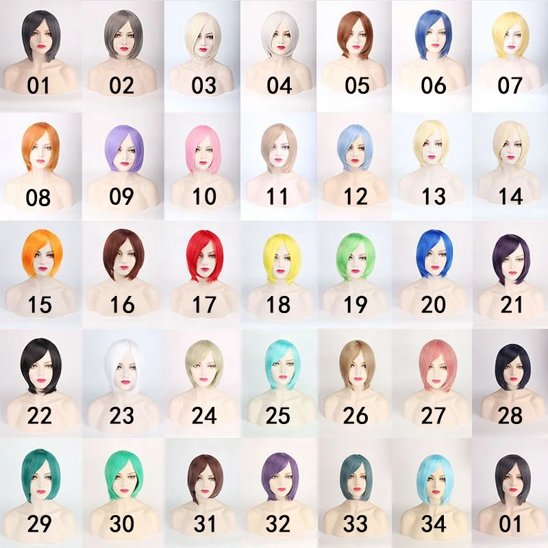 

free ship Short Bob Synthetic Cosplay Wig With Side Bang For Women Straight Blonde Wig Brown Blue Black Pink Color Party Wigs