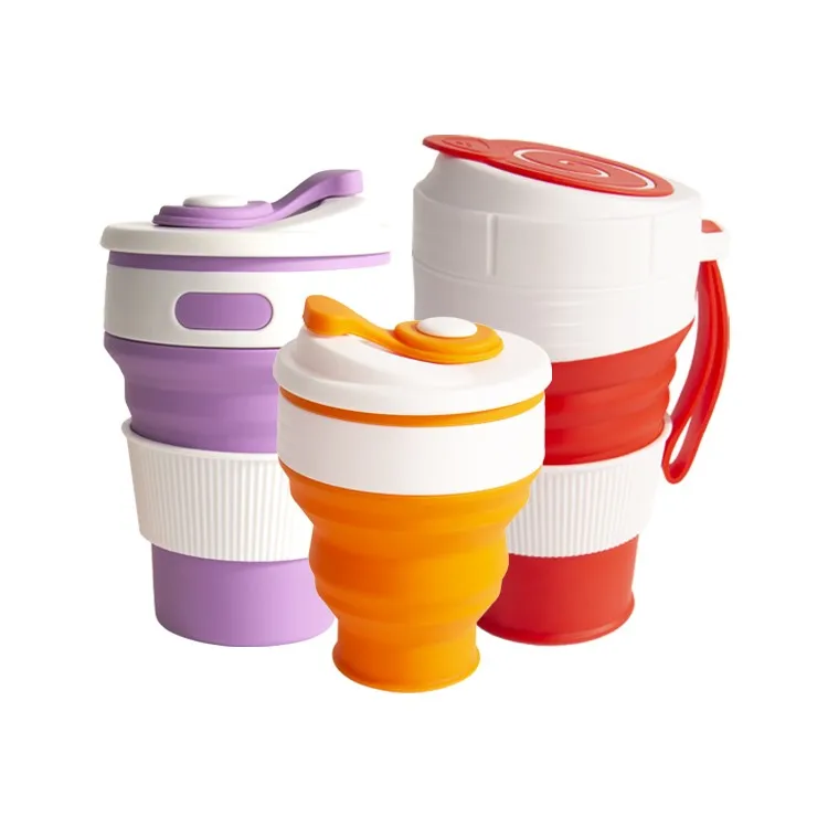 

Eco friendly Camping Tea coffee Mouthwash Plastic Reusable Foldable Silicone Folding Collapsible Cup With Lid