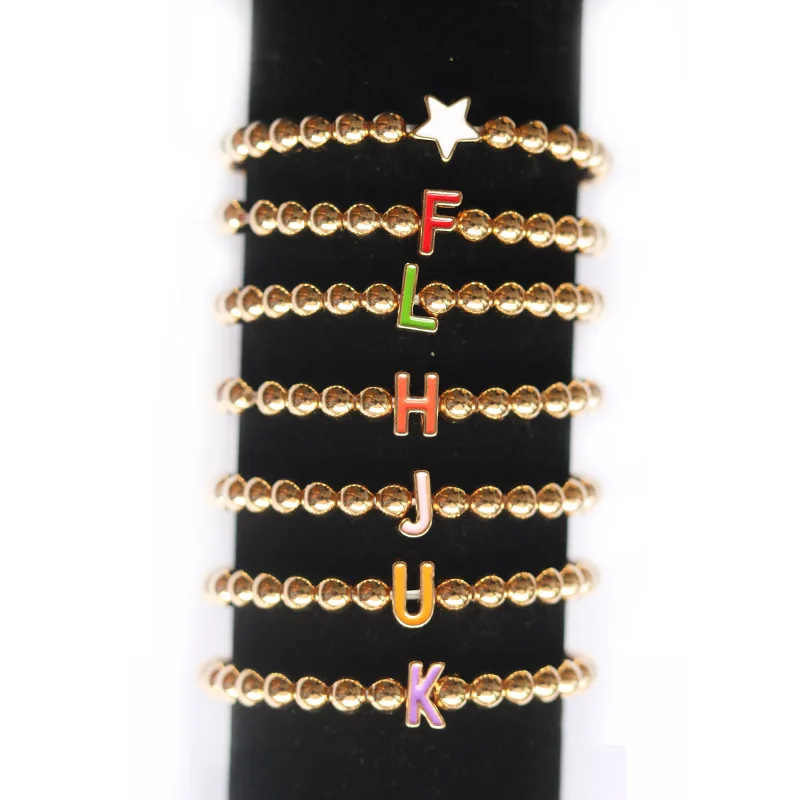 

Gold bangle custom name single initial letter charms jewelry anklets stretch enamel kids bracelet