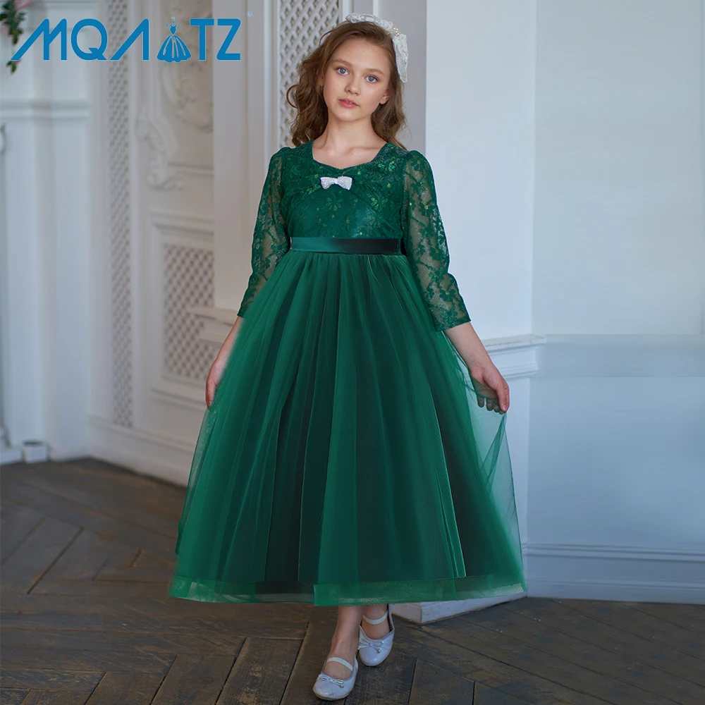 

MQATZ new arrival toddler girls long sleeve dresses 6 to 14 years for birthday party puffy green lace dress LP-322
