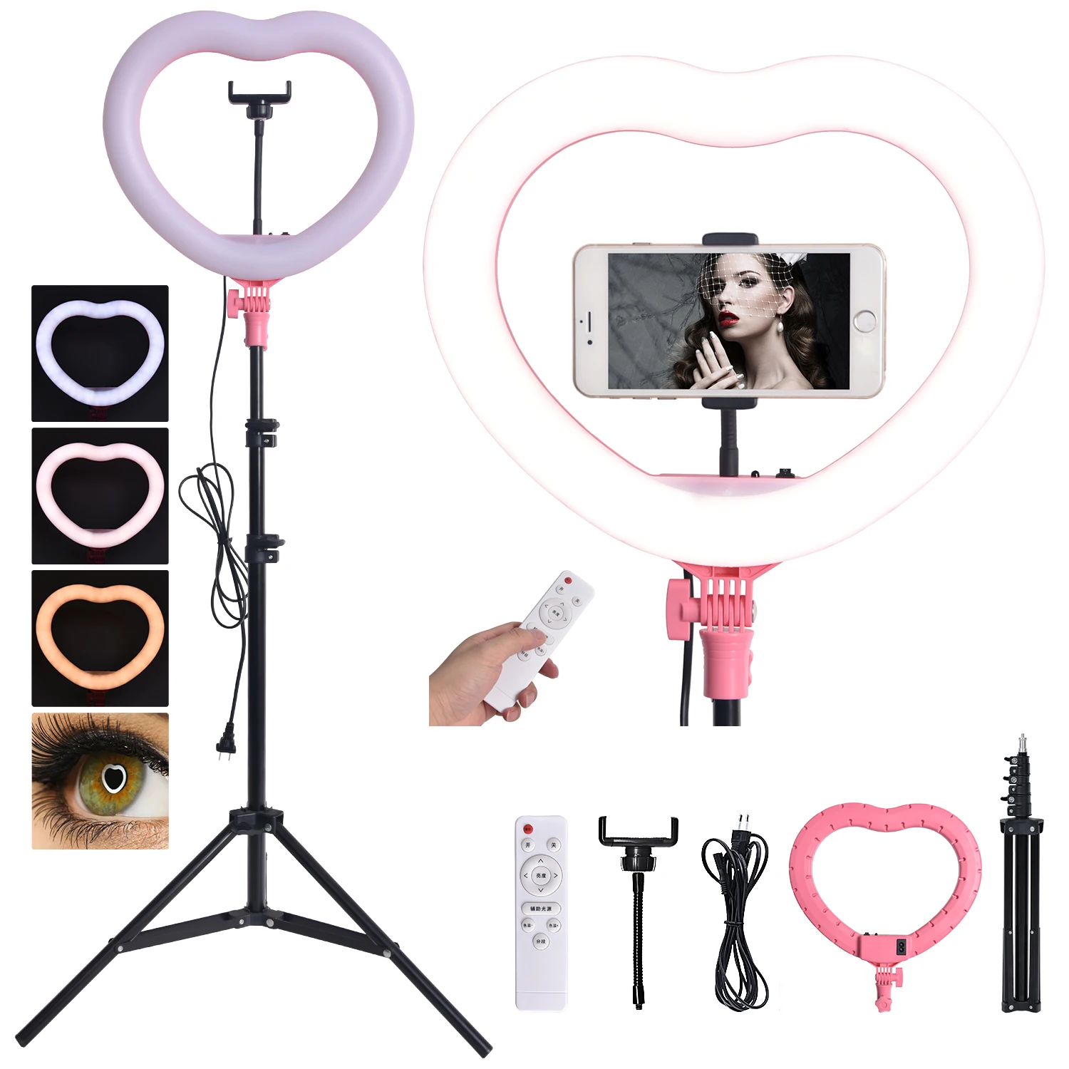 

FOSOTO FT-X258 LED Heart ring light with Tripod And phone holder And remote Ring Lamp for youtube video makeup live streaming, Pink/black