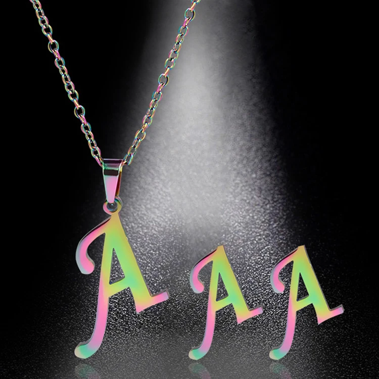 

Fashion No Fade Rainbow Color Plated Stainless Steel A-Z Alphabet 26 Letters Pendant Women Initial Earring Necklace Jewelry Set