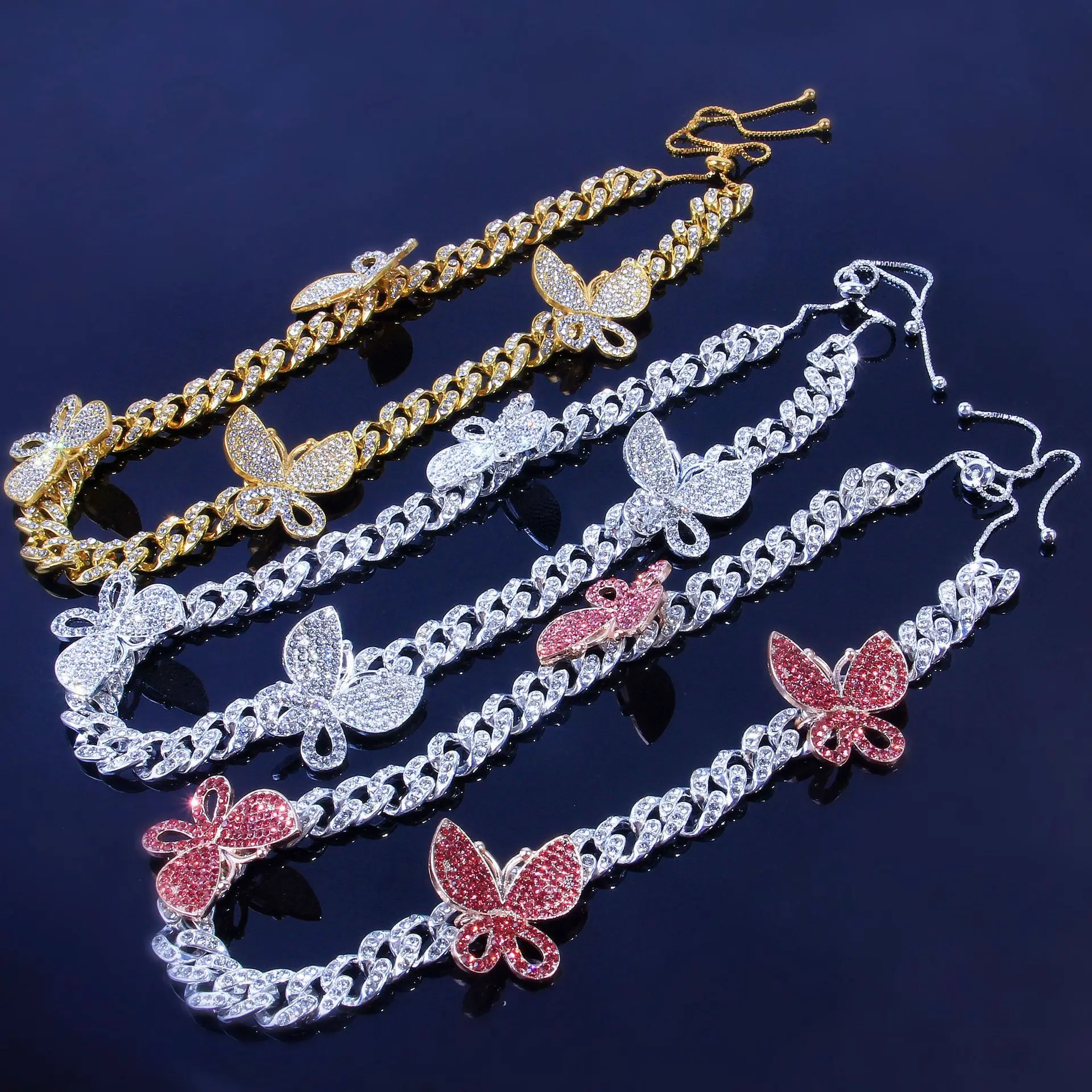 

XIXIA Wholesale Custom Fashion Jewelry Hiphop Cuban Chain Butterfly Necklace Hip Hop Rhinestone Diamond Chain Necklace, Golden/silver/pink