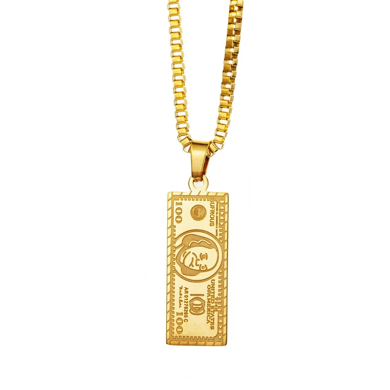 

Hip Hop 100 Dollar Bill Pendant Necklace 18k Gold Stainless Steel Box Chain Money Jewelry Necklace for Men Women