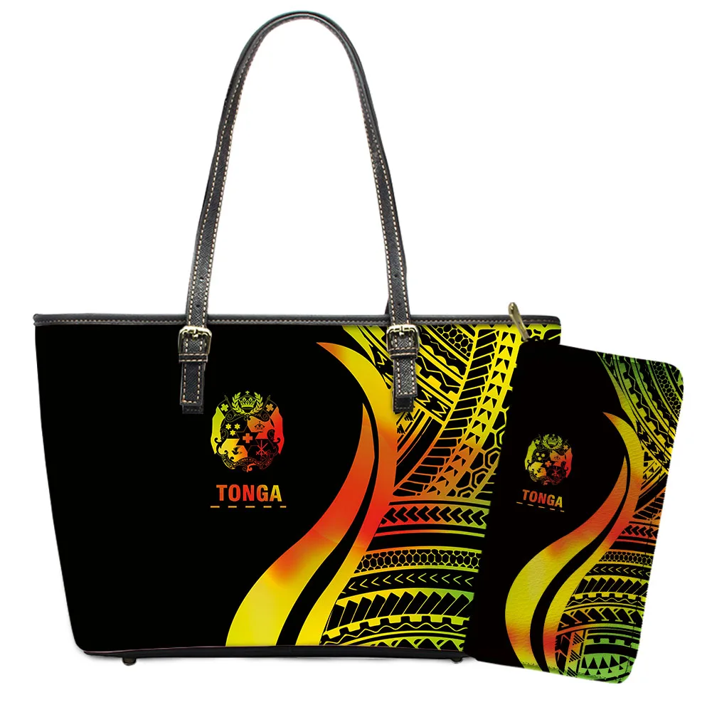 

Rasta Color Mom Bag And Purse 2pcs Tonga Tribal Women Shoulder Bag PU Leather Purse And Wallet Polynesian Handbags For Women, Customized color