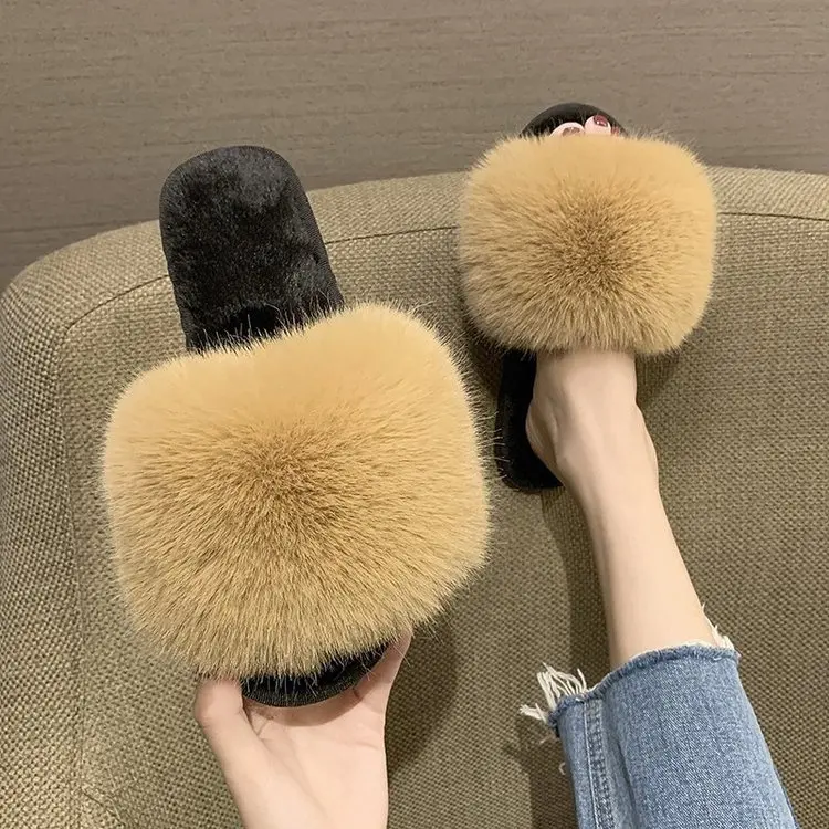 

Wholesale Plush Fur Slides Luxury Ladies Shoes Winter Warm Women's Sandals Slippers, Customized color