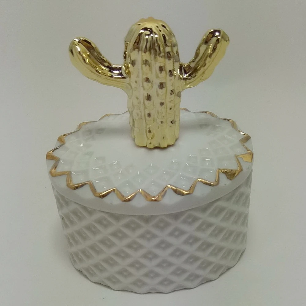 

Luxury high quality custom logo round white glazed ceramic jewelry box with gold electroplated lid for wedding gifts