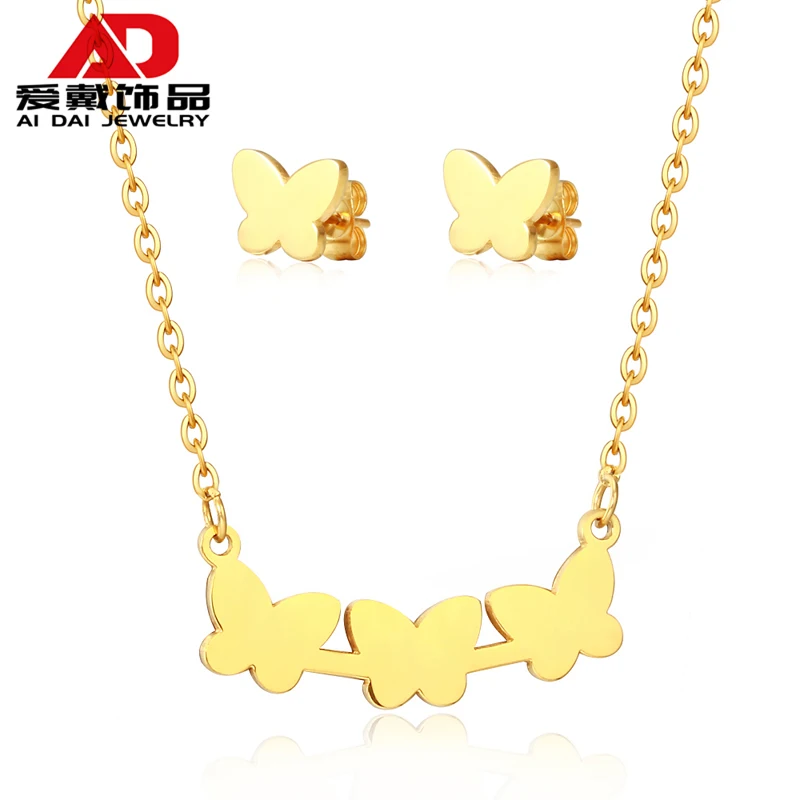 

Titanium steel forest butterfly shape pendant necklace set female temperament jewelry gold-plated children's earrings necklace j