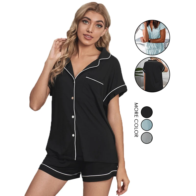

Wholesale Short Sleeve Shirt and Shorts Two Piece Pajama Set Button Front Pocket Womens Sleepwear