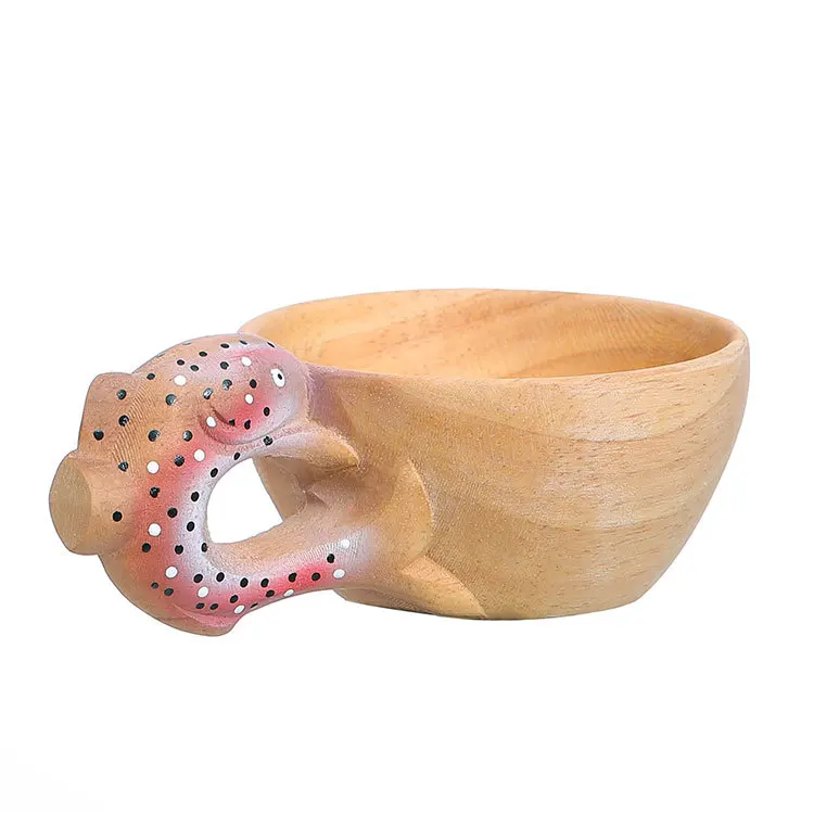 

New Design Carved Wooden Fish Figurine 3d Animal Mug Coffee Drinking Cup Wood Beer Mug with Ring Handle, As picture