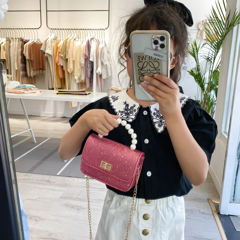 

Wholesale 2022 New Hot Sale Children's Mini Pu Leather Pearl Chain Crossbody Handbag, As picture