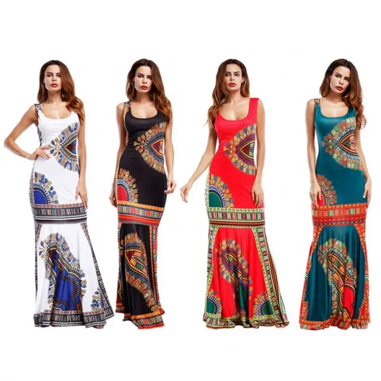 2020  Hot sale sexy printed sleeveless women maxi dress beach clothing