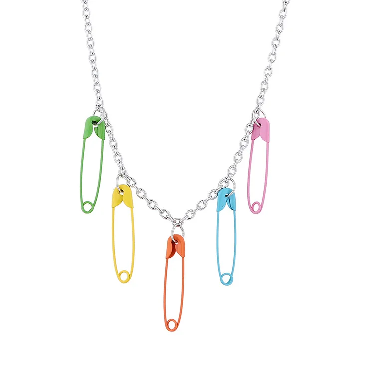 

2020 Creative Design Thin Link Chain Geometric Pendant Necklace Colorful Paperclip Pendant Necklace, Picture color
