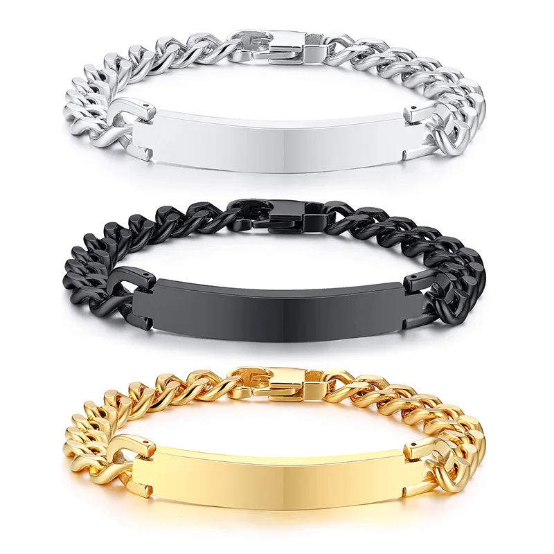 Wholesale Unisex Black Plated Stainless Steel Custom Engraved ID Bar Hand Chain Link Bracelet For Gift