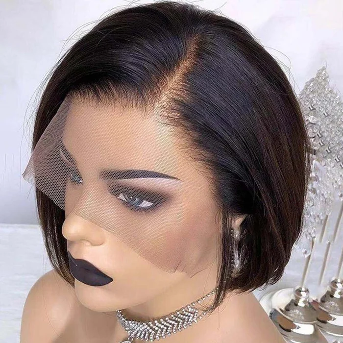 

Black Color Short Bob Wigs Brazilian Human Hair Lace Front Wigs Pre-Plucked Bleached Knots for Black Woman