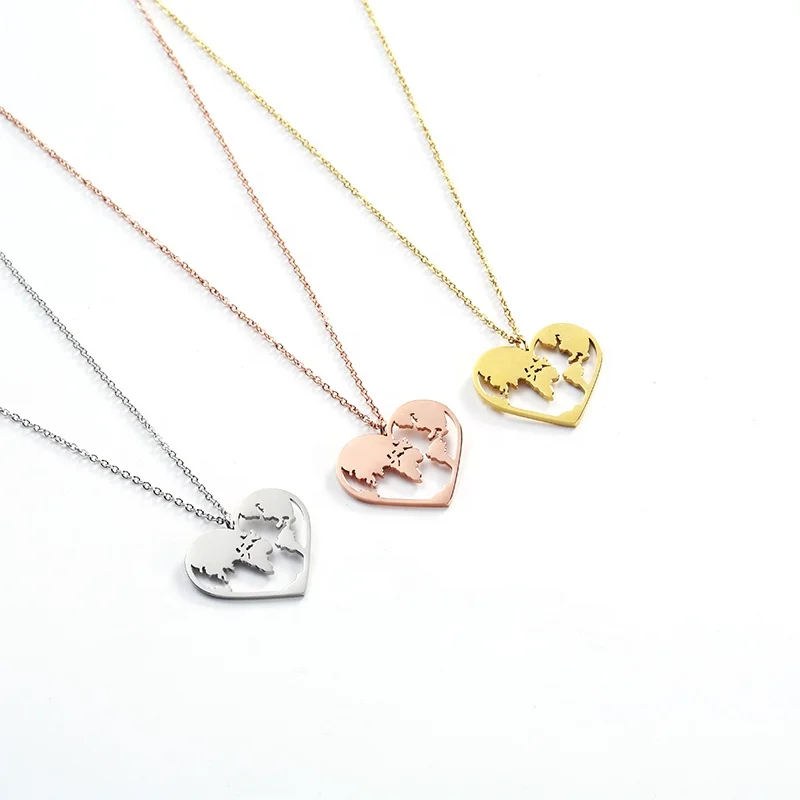 

Special Gift Stainless Steel Gold Plated Adjustable Chain Heart Shape World Map Charm Necklace Women, Gold/rose gold/silver