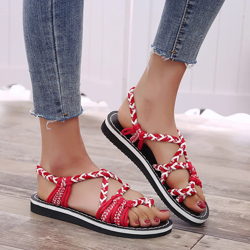 

Summer new fashion rope knot women's sandals beach open toe flat large size herringbone sandals, 5 colors