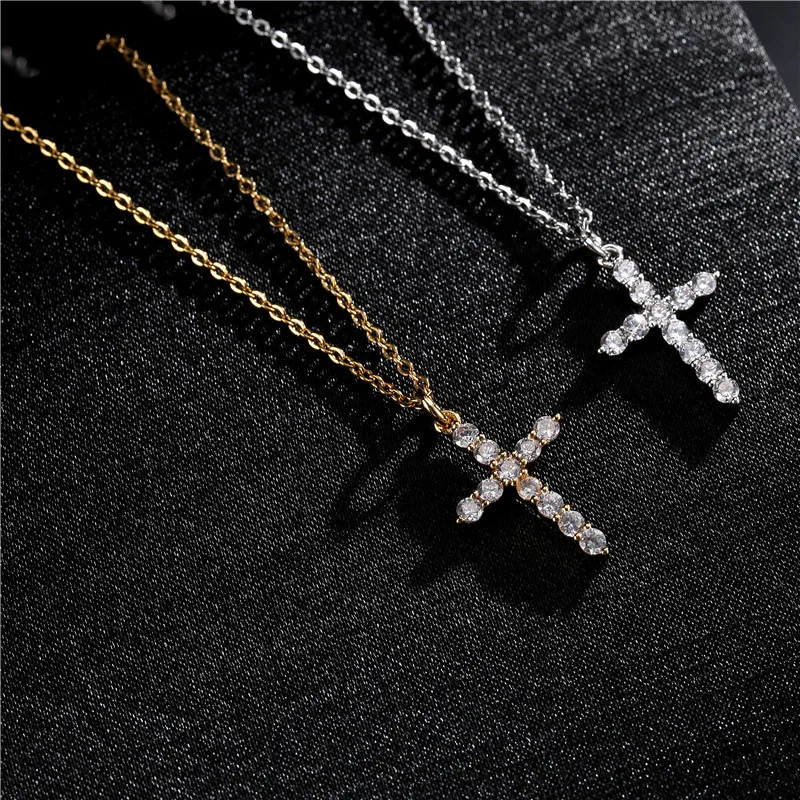 

simple classic cross pendant necklace unisex color retention electroplated copper micro inlaid zircon necklace, Colorful