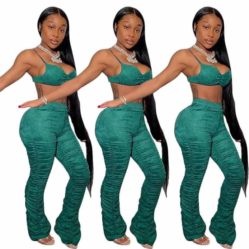 

Wholesale ready to ship summer women sexy 2 piece set clothing ruched stacked pants