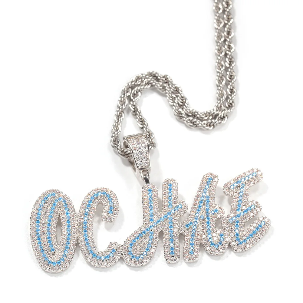 

New DIY hip hop alphabet custom pendant necklace in navy and ice out zircon double layer cursive hip hop necklace