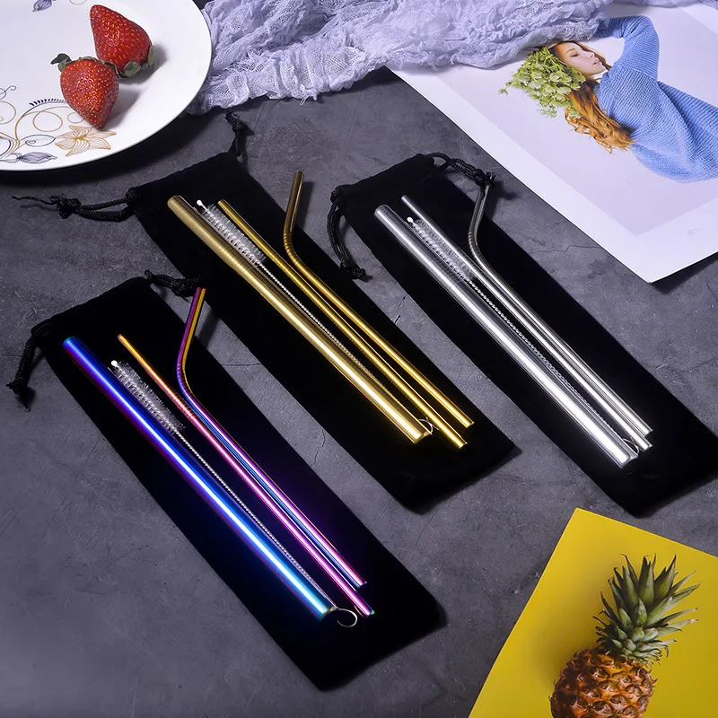 

Wholesale Reusable Stainless Steel Drinking Straws Metal Straw with brush and bag