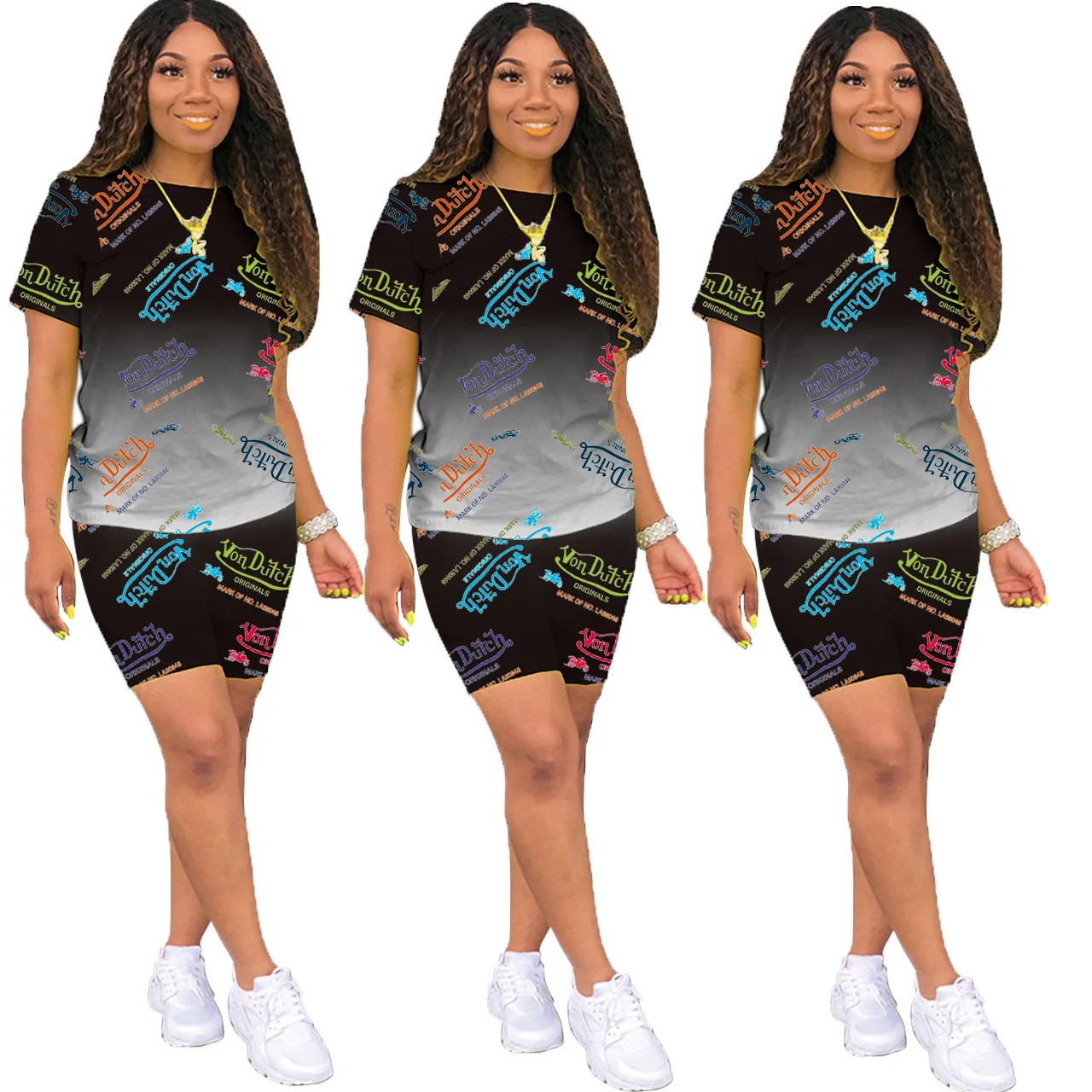 

2021 New Arrivals Von Dutch Gradient Ramp Short sets Women T-Shirt with Snack Shorts two piece sets Streetwear, As pics