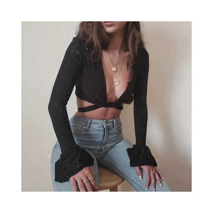 

YH1370 Vintage Style Fashionable Clothing Women White Beater Long Sleeve Crop Tops Female Blouse, Picture color