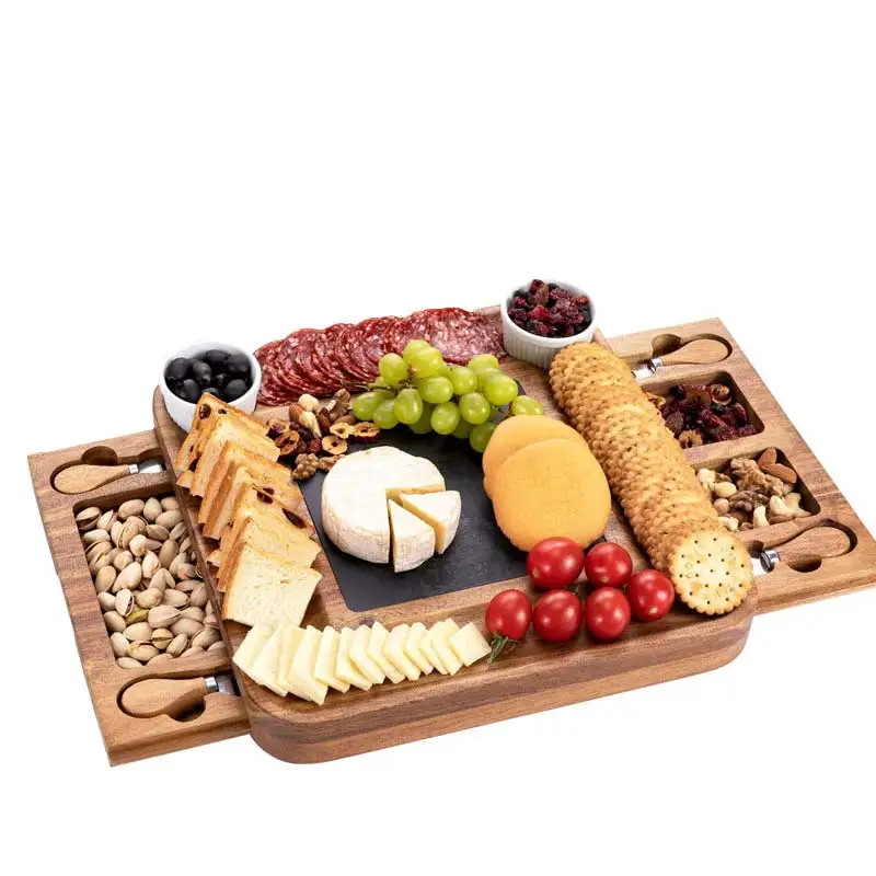 

Hot Sale Wholesale Kitchen Wooden Cheese Serving Platter Cutting Board Large Charcuterie Board nd knife set, Natural wood color