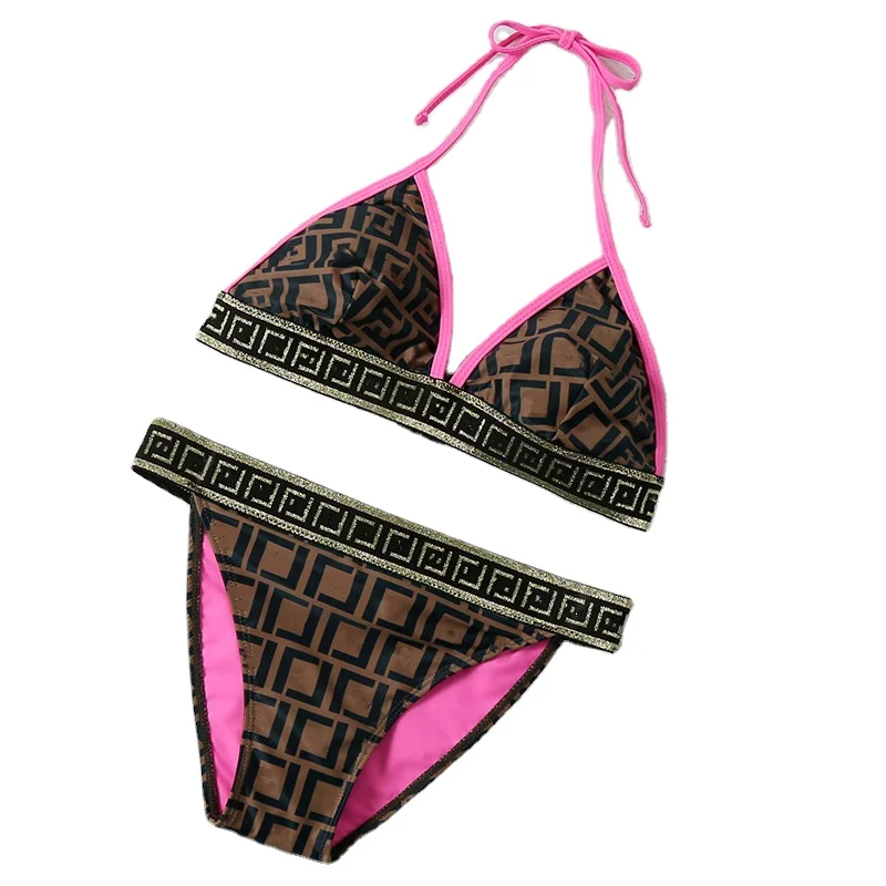 

Wholesale ladies 2021 famous brand design private label quality designer bikini brown letter brand XL luxury swimwear