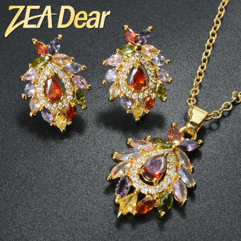 

Dubai Cheap Bridal 18K Gold Plated Colorful Zircon Necklace And Earrings Jewelry Set