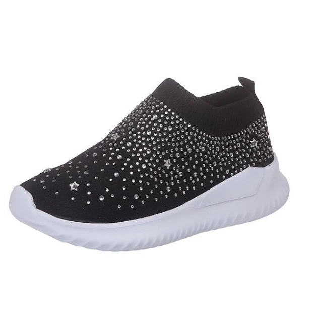 

Embellishment All-match Sports Flat Shoes for Women Rhinestone Flying Knit Sock Shoes, Black