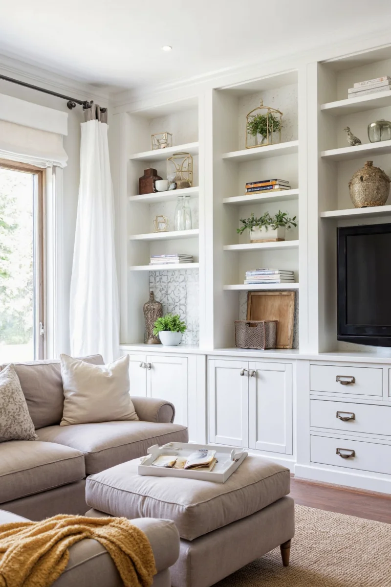 Built-in cabinets with woven baskets for toy storage