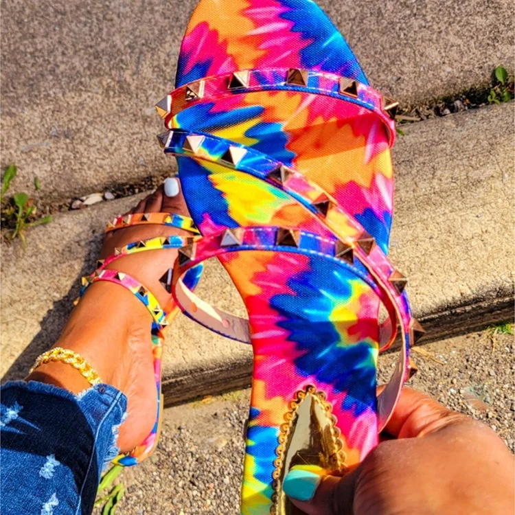 

Wholesale Stylish Women Rainbow Sun Print Sandals 2021 Summer Ladies Rivet Flat Slippers, 1 color