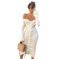 

Women Off Shoulder Sexy Bodycon Party Dresses Long Sleeve Drawstring Pencile Elegant Midi Dress Ribbed Knit Vestidos Woman