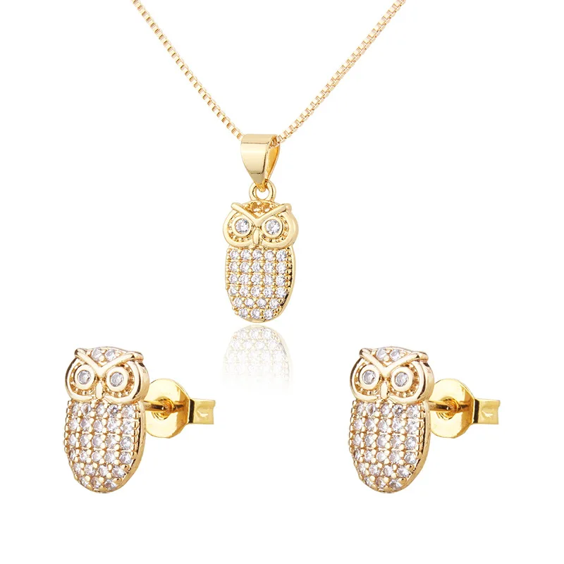 

Simple inlaid zirconium owl necklace set ins cross-border custom copper plating pendant earrings jewelry sets