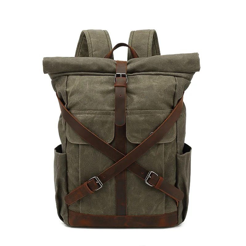 

Tote Satchel School Military Army Shoulder Rucksack Hiking Bag Coffee Leather Rucksack Knapsack Vintage Canvas Backpack for Men, As shown in the pictures