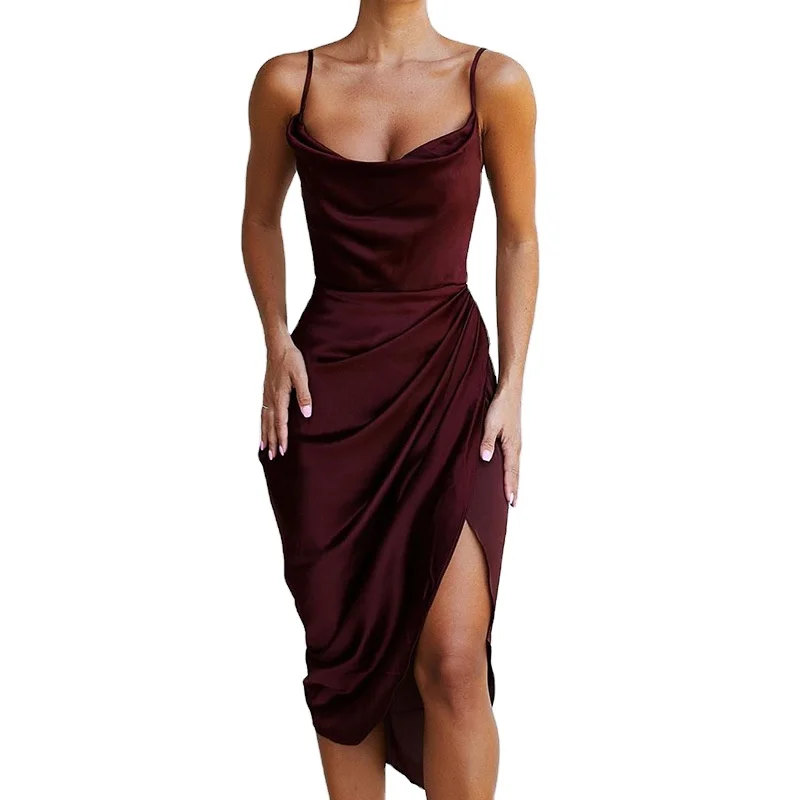 

W0029D 2021 sexy Satin asymmetrical dress with spaghetti strap ladies solid color bodycon ruched Party dress night club wear