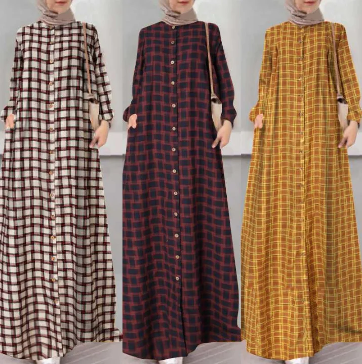 

INS Hot Grid Plaid Long Dress Malaysia Maxi Cotton Abaya Dresses for Women, As pic or custom requirements