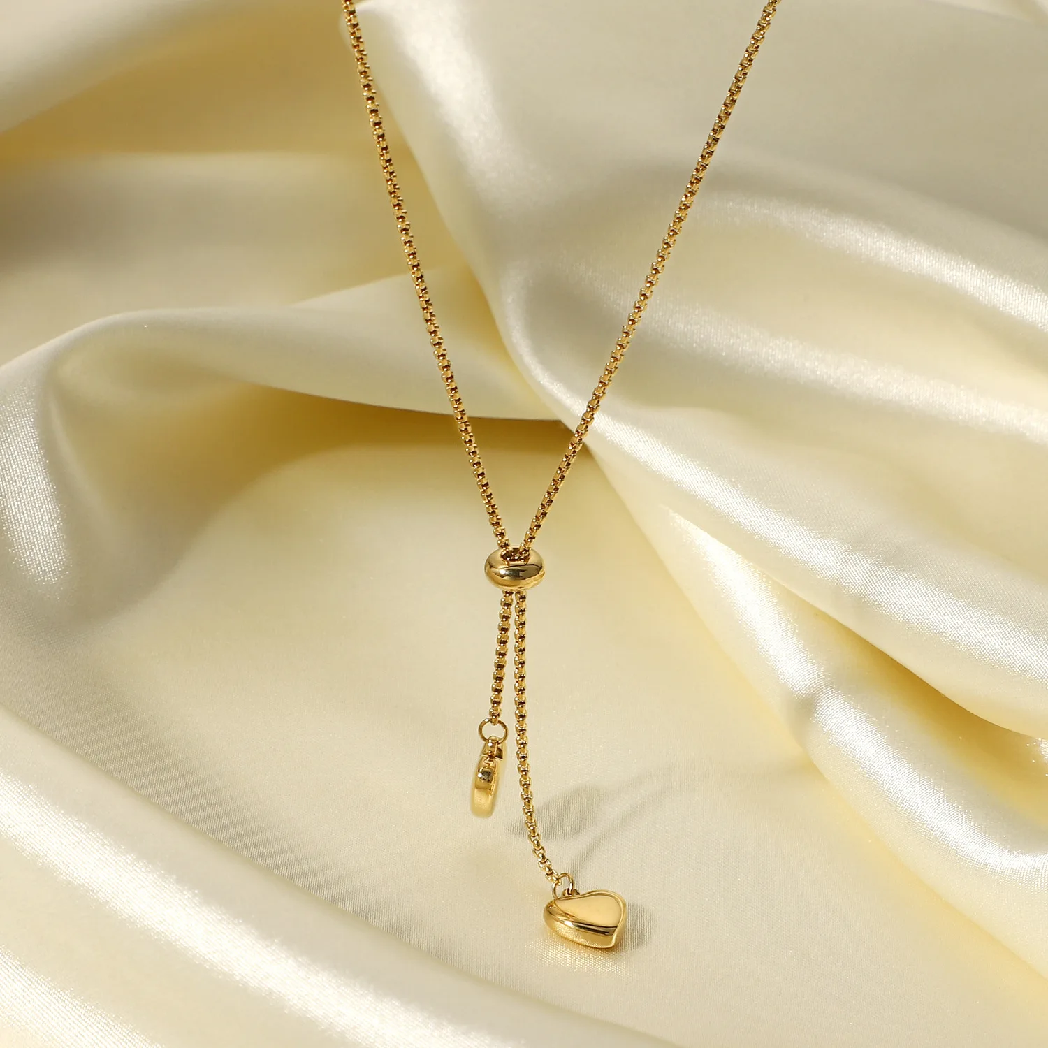 New Y-shaped Stainless Steel Soft 18K Gold Plated Rope Chain Two Love Heart Pendant Necklace Girls