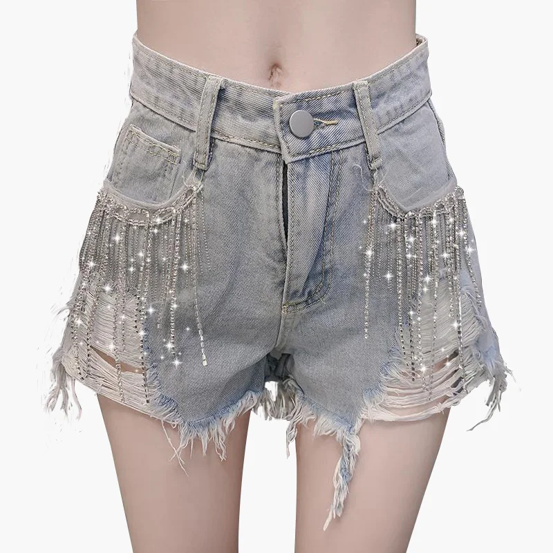 

Women's high waist hot pants 2020 rhinestone tassels hot pants jeans summer new arriver ins style