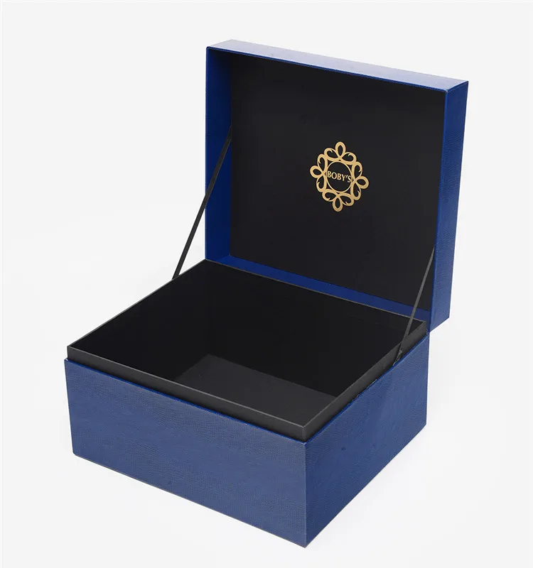 Custom Lmitation Leather Paper Blue Gold Stamping Cardboard Packaging Gift Decorative Boxes
