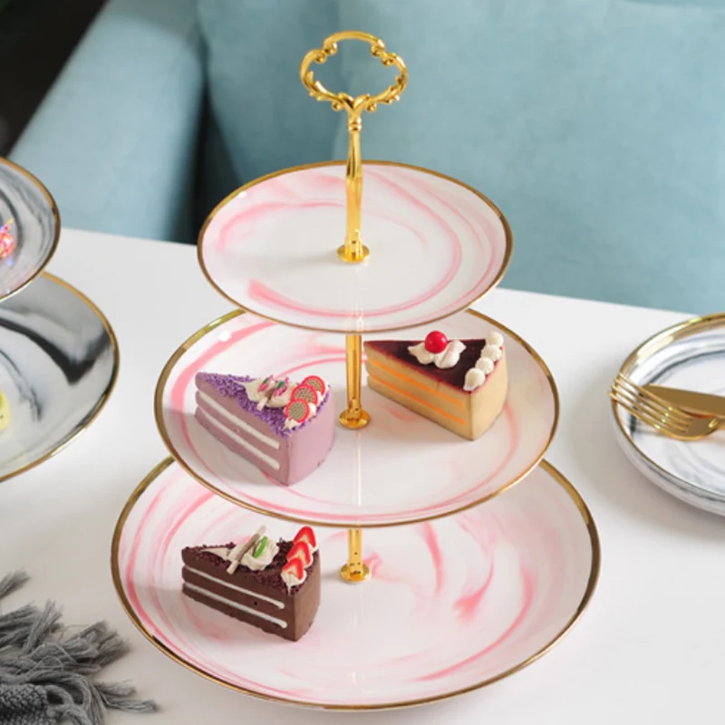 

Wholesale Luxury Ceramic Marble 3 Layers Cake Dessert Plate With Gold Rim, Grey, pink