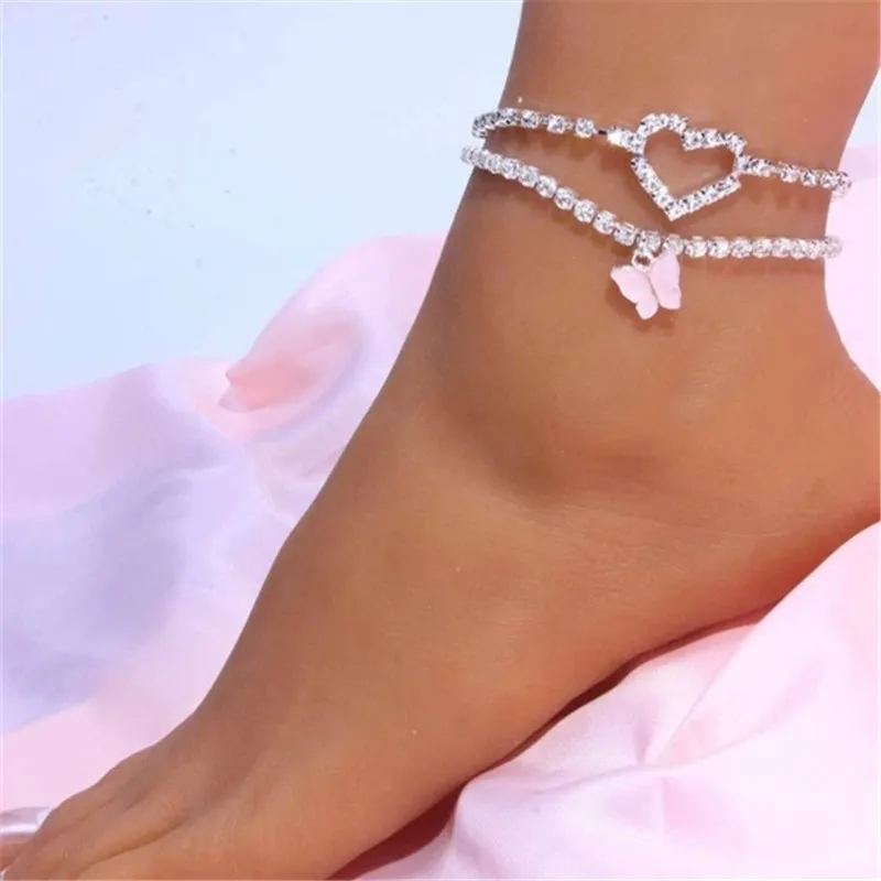 

Gold Silver Plated Double Layer Full Diamond Rhinestone Crystal Heart Tennis Anklet Multilayer Acrylic Butterfly Anklet
