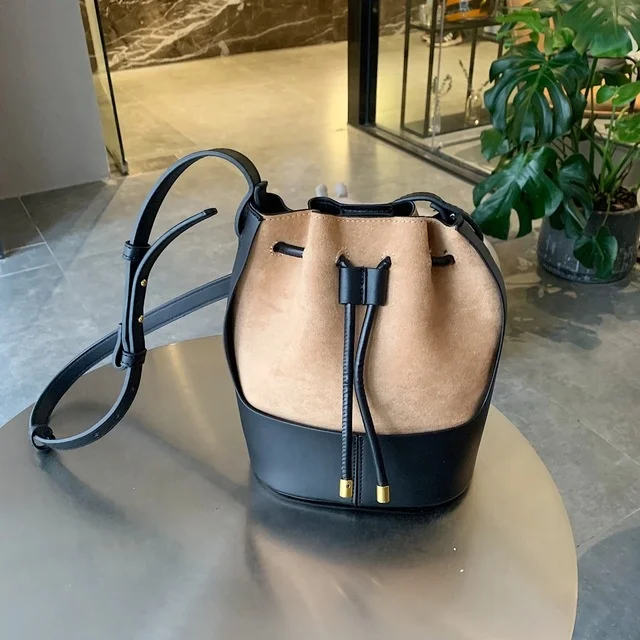 

Color Block Yangjing Suede Bucket Bag Large Capacity Shoulder Bag With Drawstring Closure Messenger Bag, Black, dark brown, light brown