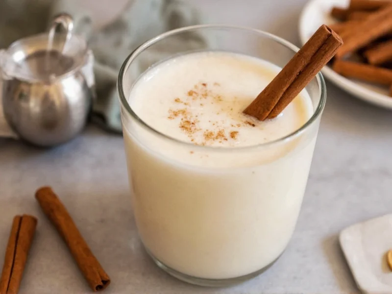 Homemade eggnog in vintage glass with cinnamon stick