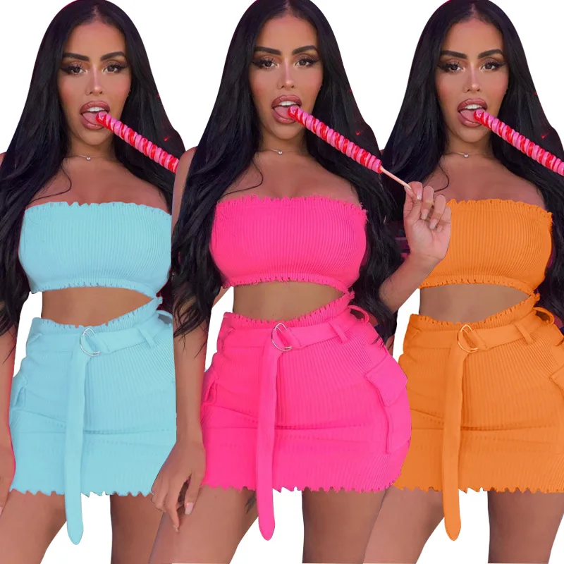

drop shipping HOT oversize plain color off shoulder crop top and high waist mini skirts sexy 2 piece set women skirt