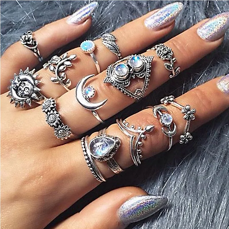 

New Arrival Boho Silver Ring Set Bohemian Joint Knuckle Carved Finger Rings w/ Sunflower Designer Women's 14-piece Ring Set