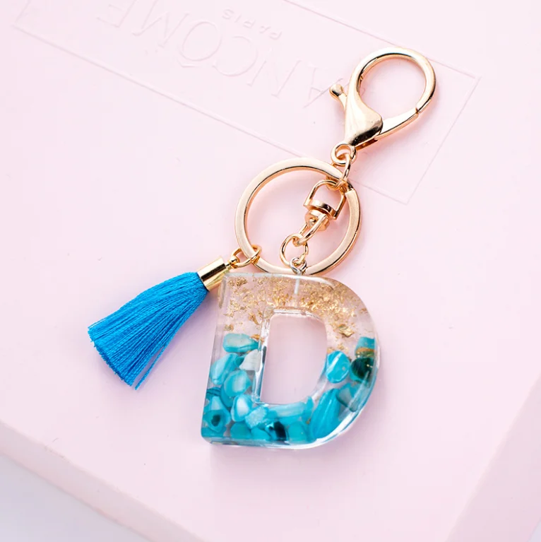 Resin Clear Acrylic Initial Letters Keychains,Gradient Gold Foil Tassel