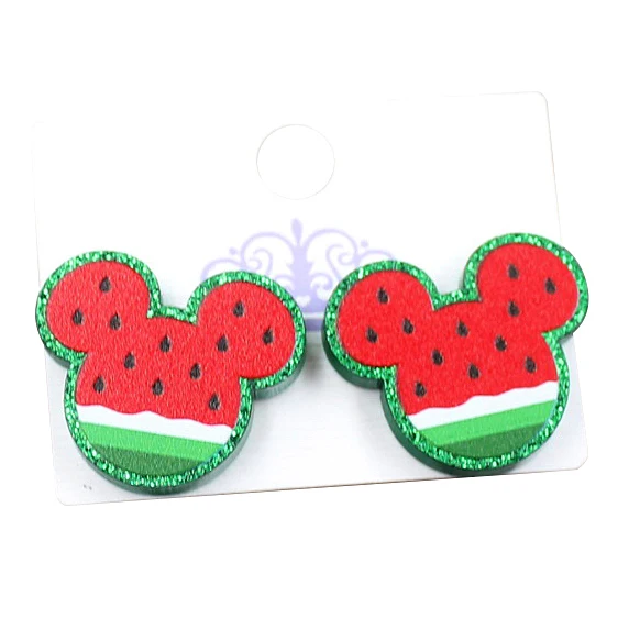 

ERS069ER1009 Watermelon Stud Earrings UV Print Green Glitter Cactus Mouse Fruit Earrings Glitter Acrylic Earrings